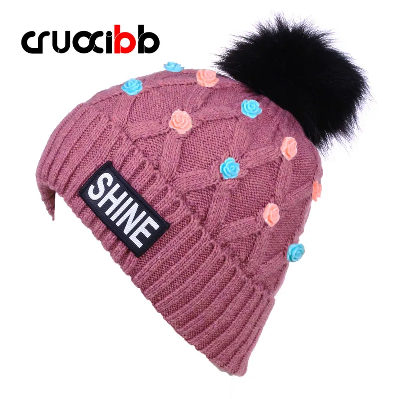 Brand Women's Pom Poms Hats with Flowers Winter Hat Ladies Solid