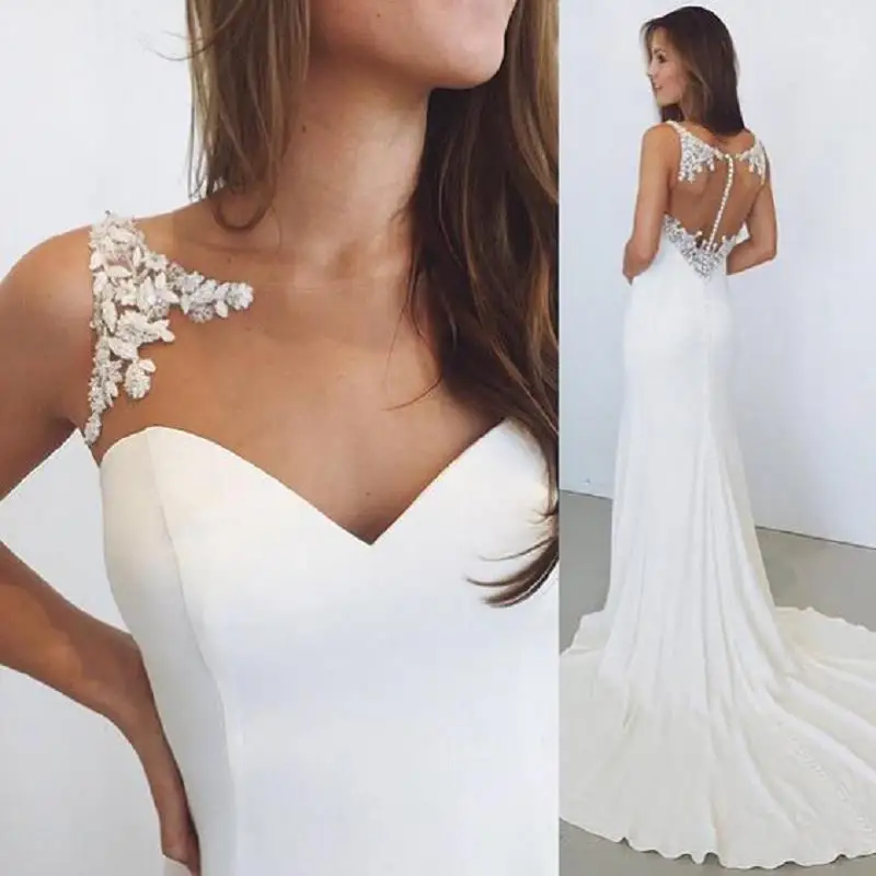 

vestido de noiva Simple Beach Wedding Dresses Mermaid 2019 Sheer Illusion Back Sweep Train Summer Bridal Gowns Handmade