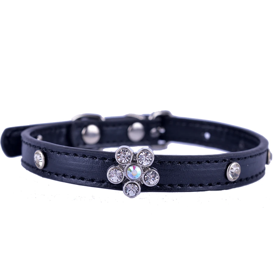 Fashion Pu Leather Cat Collar Rhinestone Flower Charm Crystal Studded Collars For Cats Small Pet Dog Cat Supplies