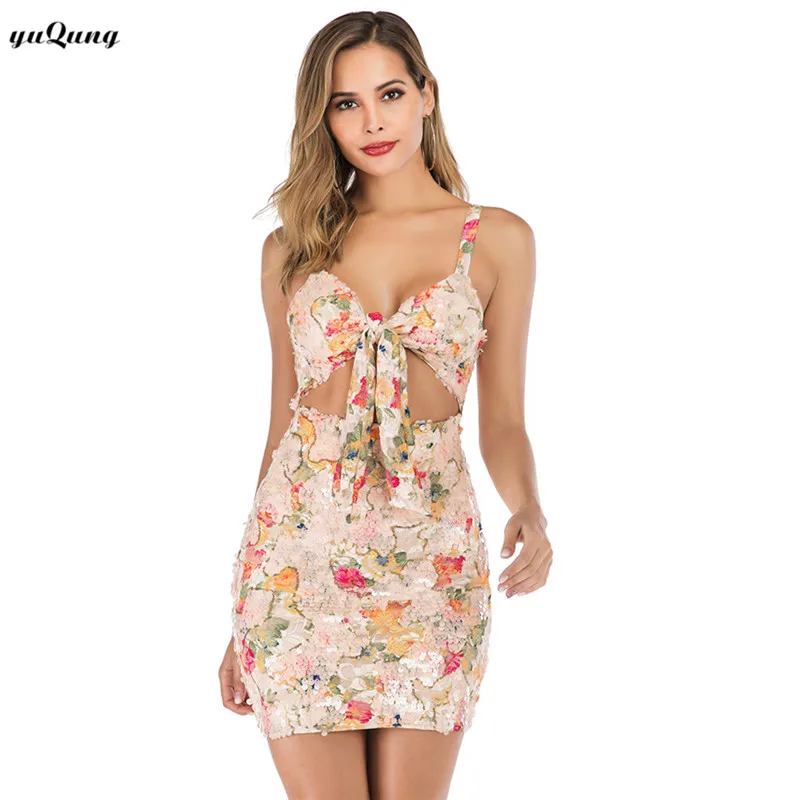 yuqung Strap Floral Sequins short Dress Ladies Evening Party Luxury Mini lace up Club wedding package hip bodycon dress |