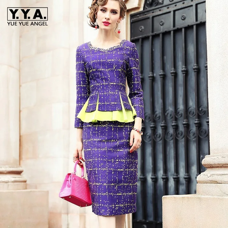 

Designer Purple Ruffles Dress Women Autumn Business Party Office Bodycon Dress Elegant Fake Two Pieces Slim Ladies Dresses S-XXL