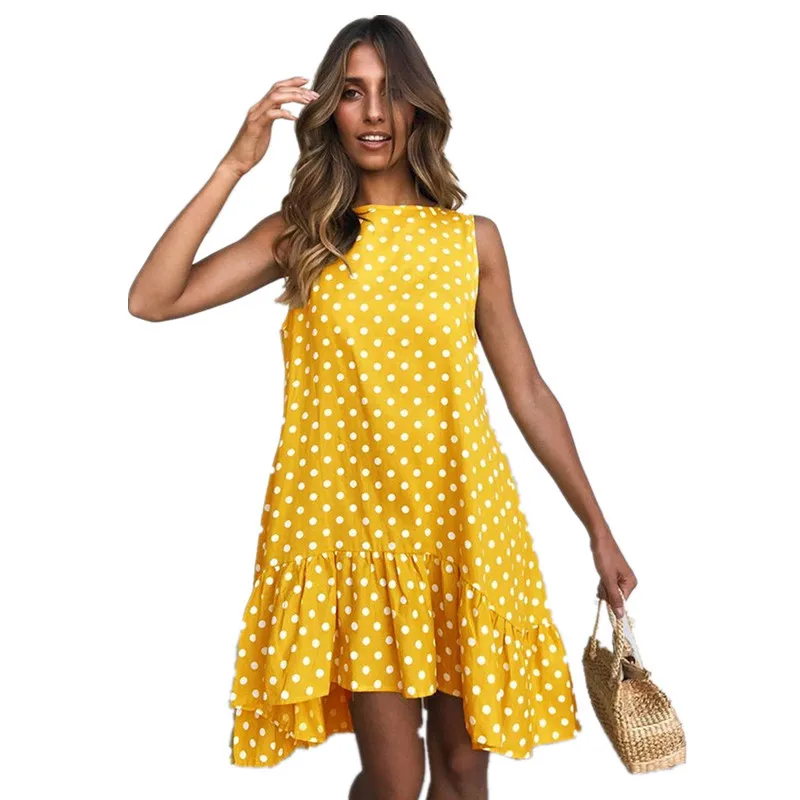 ZOGAA плюс размер гофрированные Vestidos винтажные женские летние платья свободные Мини повседневные платья женские без рукавов синее платье в горошек - Цвет: 101112-Yellow