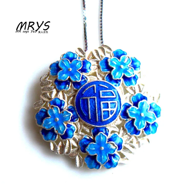 

New Blue Blessing in Chinese Ethnic Cloisonne Enamel 925 sterling Silver Chain Necklace Pendant for Women Girls Chistmas Jewelry