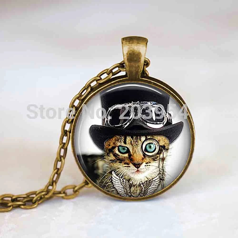 Steampunk Hommes Chat Chapeau Monocle Et Lunettes Collier Cabochon 1 Pieces Lot Alice Au Pays Des Merveilles Pendentif A Breloques Vintage Bijoux En Acier Aliexpress