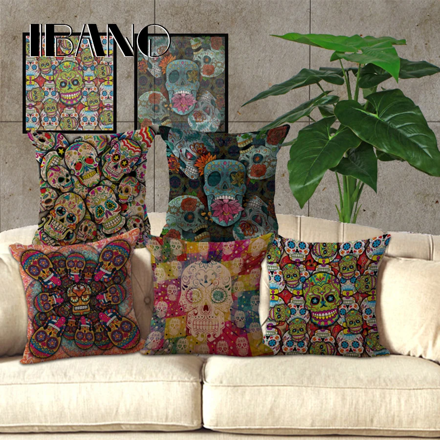 

Colorful Halloween Throw Pillows Covers Decorative Sugar Skull Cushion Covers Sofa Seat Car Printed Cotton/Linen Pillow Cases