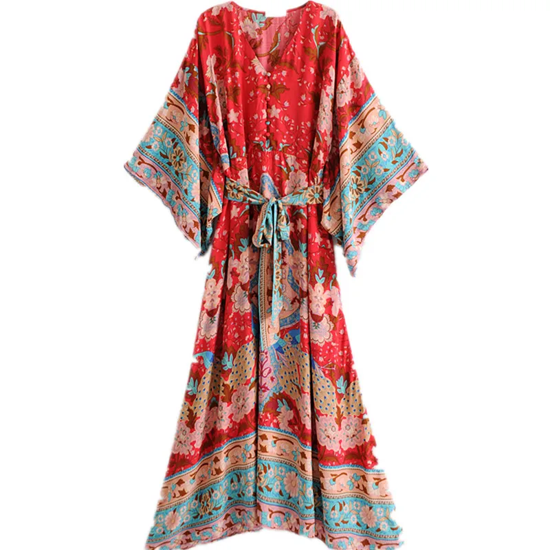 

Bohemian Floral Printing Kimono Sundress Summer 2018 Women Boho Beach Tunic Maxi Dress Casual Female Elegant Loose Long Dress