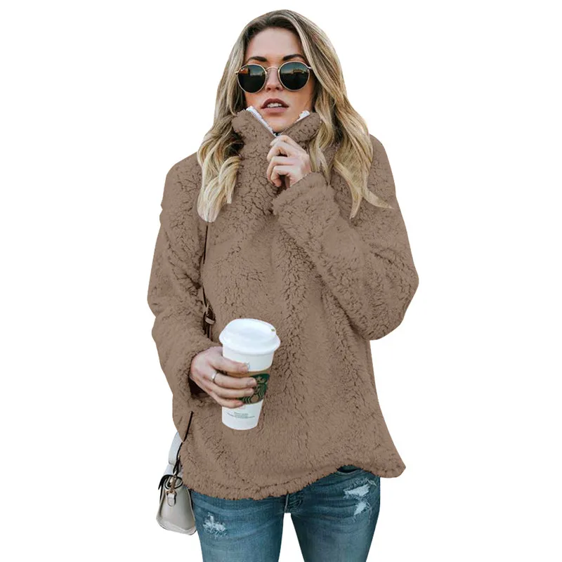 2018 Winter Sweaters Sherpa Pullovers Fleece Fluffy Hooded Sweater Zipper Collar Loose Pullover Women Casual Clothing