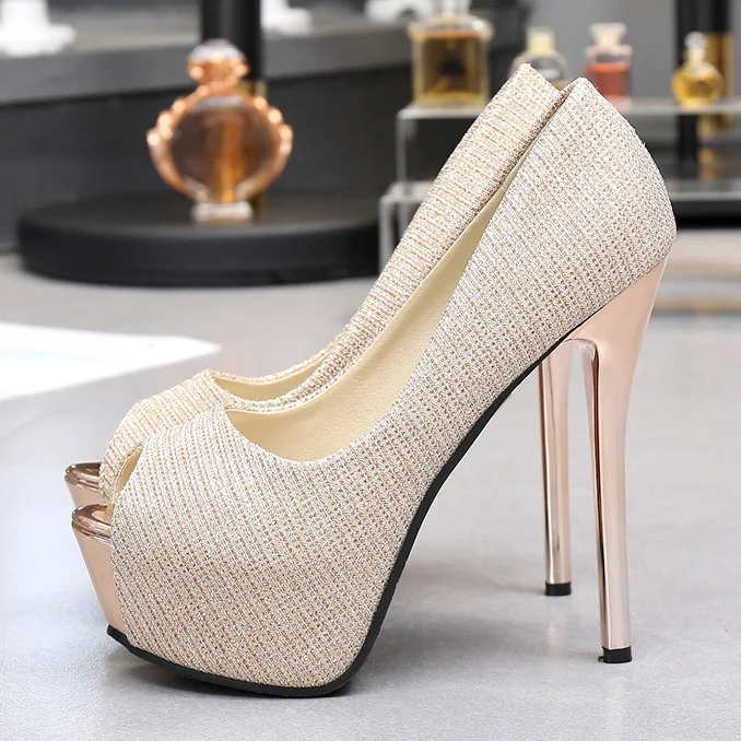 14cm Gold Пикантные вечерние туфли-лодочки на высоком каблуке Женская обувь свадебные туфли на платформе и высоком каблуке туфли-лодочки для невесты туфли на шпильке с открытым носком tacones mujer - Цвет: 14cm Gold