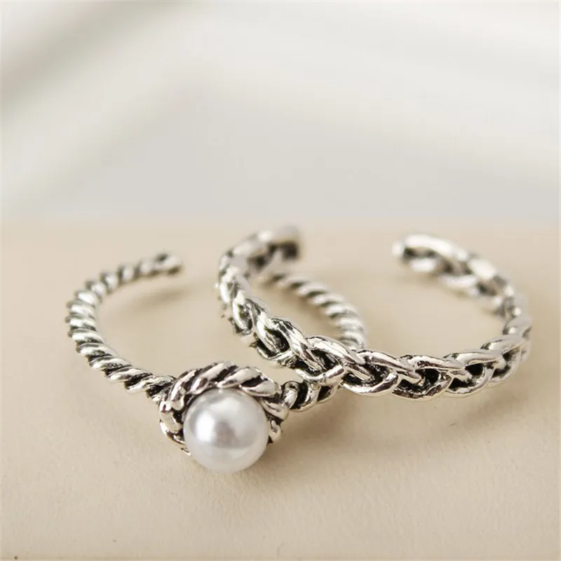 

Adjustable 2Pcs/Set Antique Silver Color Simulated Pearl Band Rings Set For Women Vintage Party Boho Jewelry Gift S4