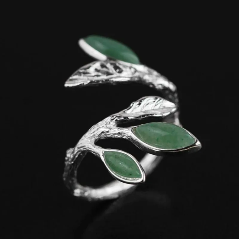 

JINSE Real 925 Sterling Silver Natural Stone Creative Handmade Designer Fine Jewelry Spring in the Air Leaves Female Rings