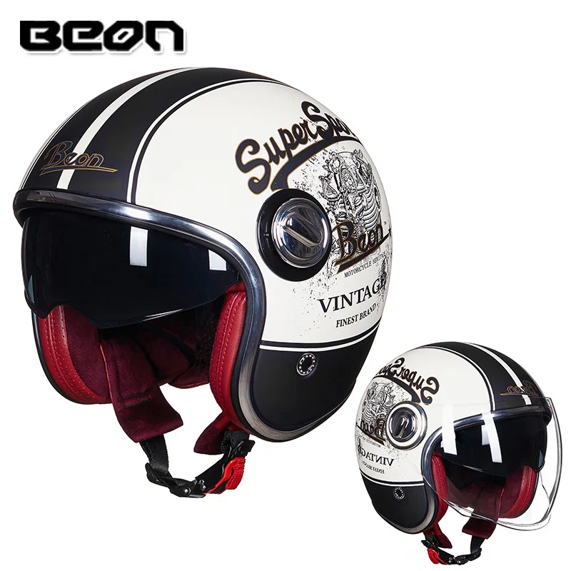 B-108A-new white BEON мотоциклетный шлем rbike Casco винтажный мотоциклетный шлем 3/4 с открытым лицом Capacete Байкер скутер шлем ретро двойной козырек - Цвет: B-108A-new white