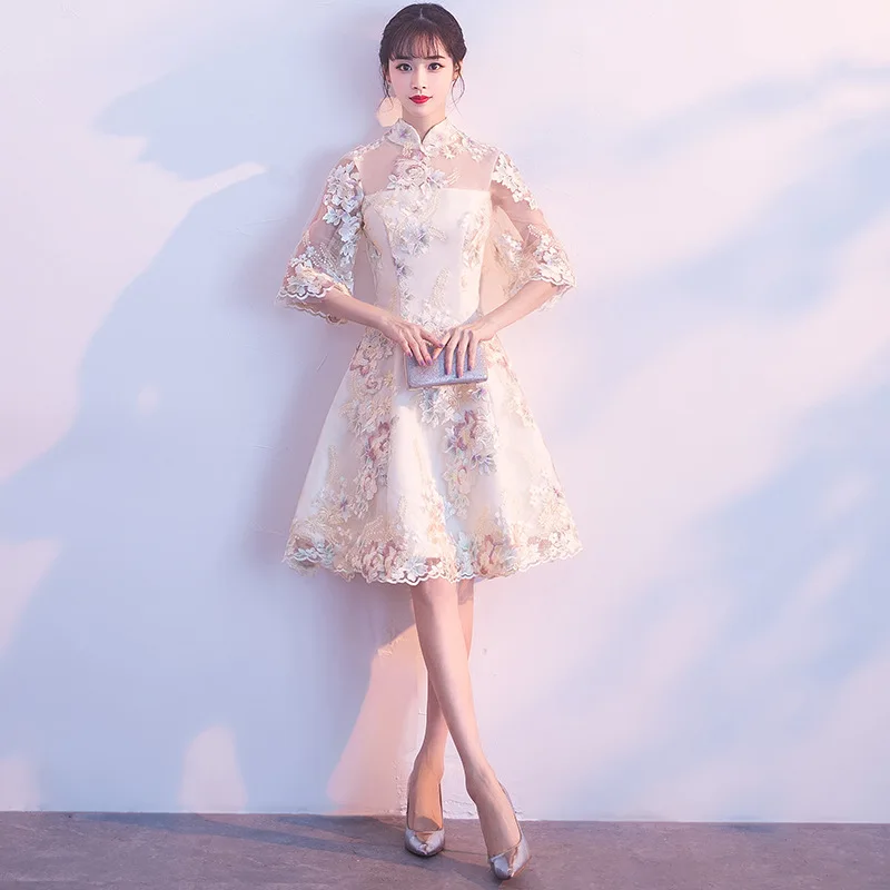 Шампанское кружевное китайское платье Qipao вечерние платья свадебное платье с разрезами по бокам и воротником-стойкой платье новое вечернее платье восточные Свадебные платья Vestido Размер 2XL