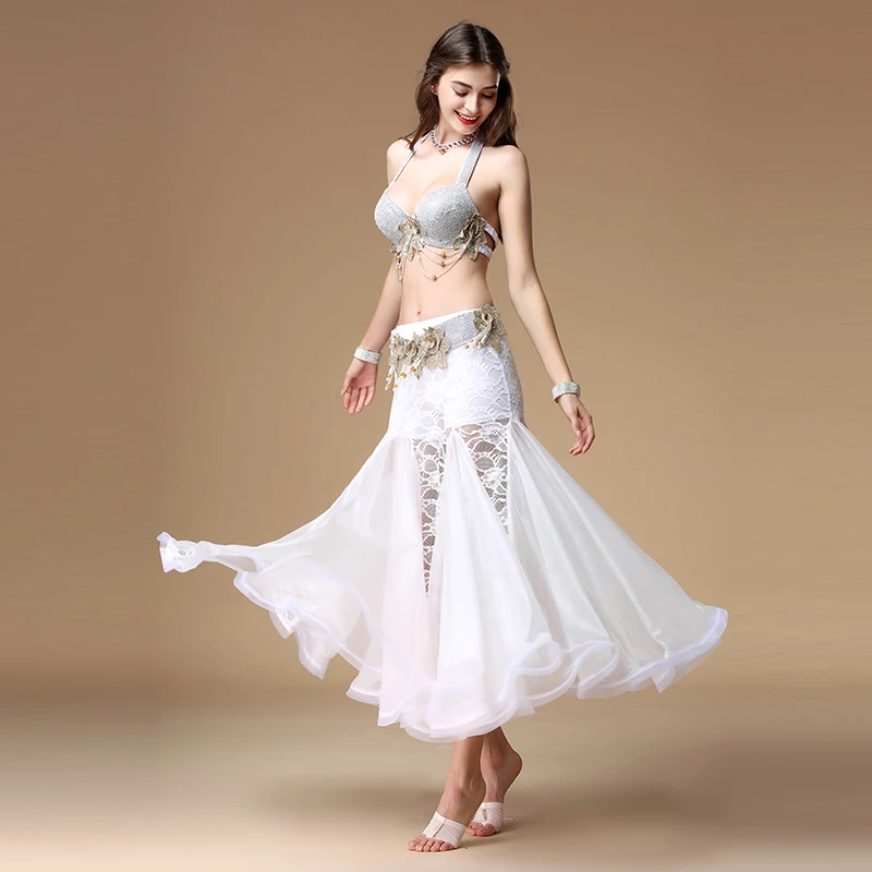 Stage Performance Women Dance Wear Egyptian Diamonds Outfit Floral Lace  Sparkling Belly Dance Costume Set (Bra, Belt & Skirt)