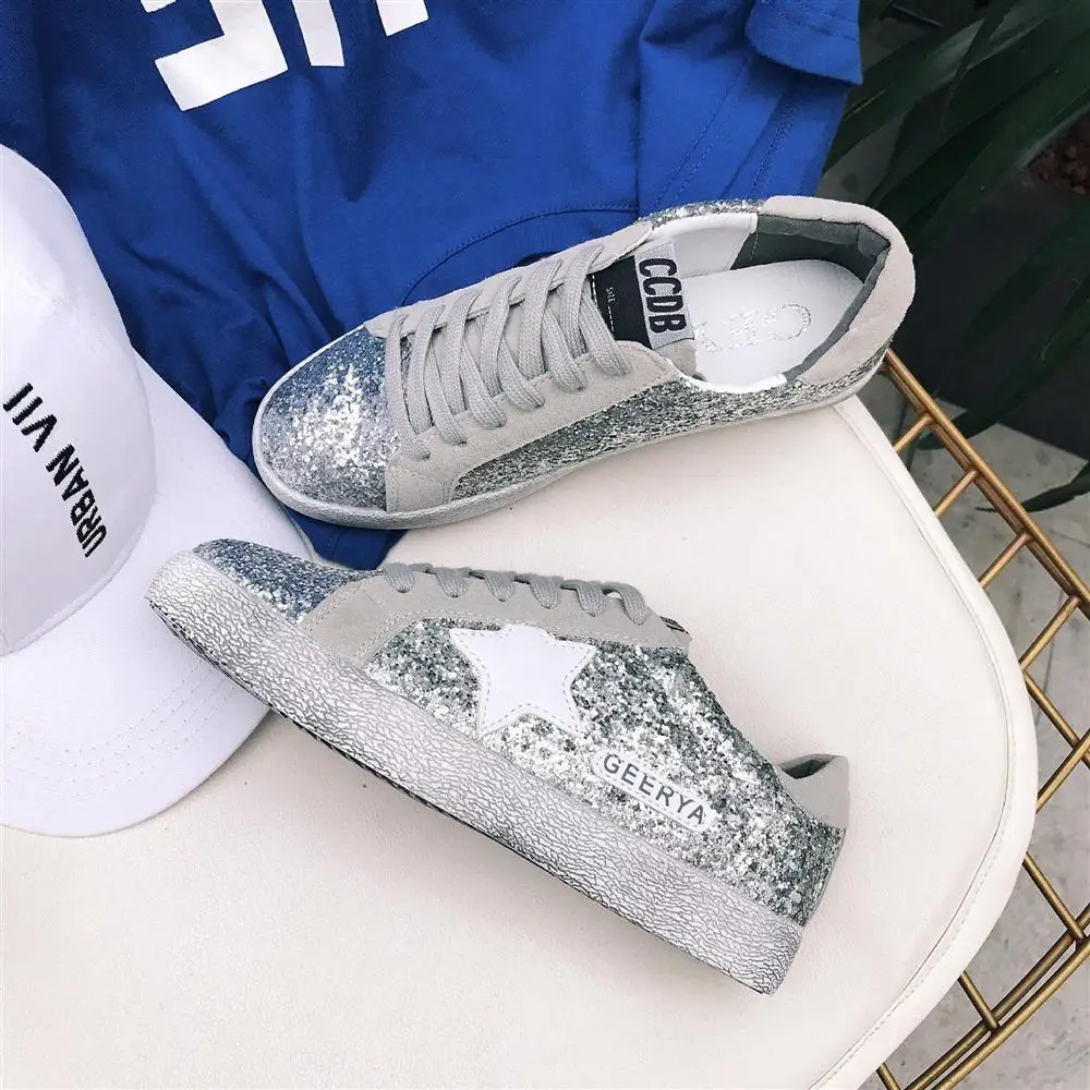 

Smerilli New Glitter Star Leather Casual Sneakers Women Flat Vulcanize Shoes Comfortable Breathable Shoe Zapatos de mujer