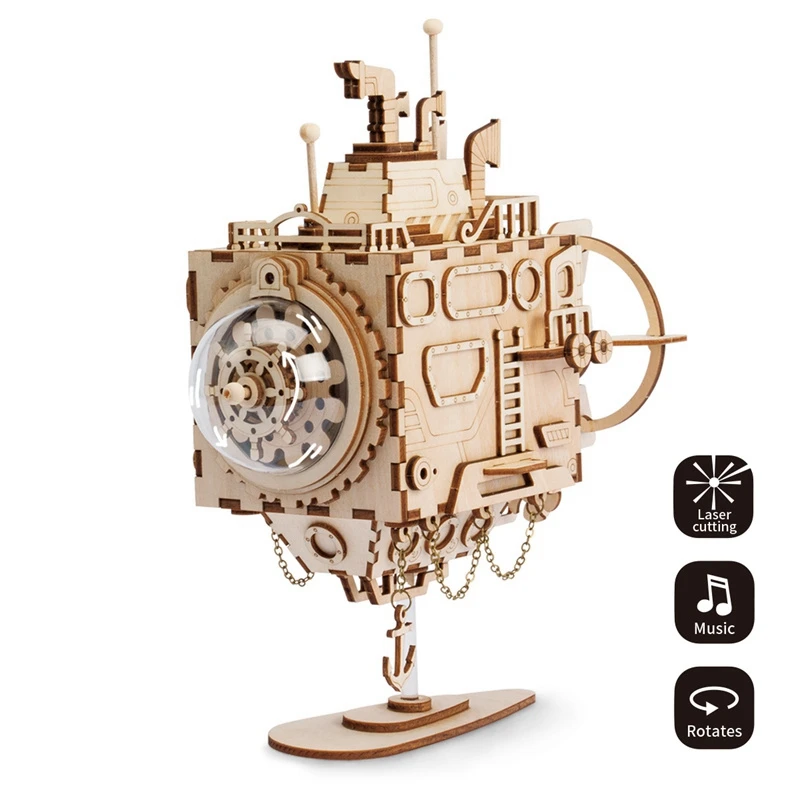 

Robotime Creative DIY 3D Steampunk Submarine Wooden Puzzle Game Assembly Music Box Toy Gift for Children Teens Adult AM680