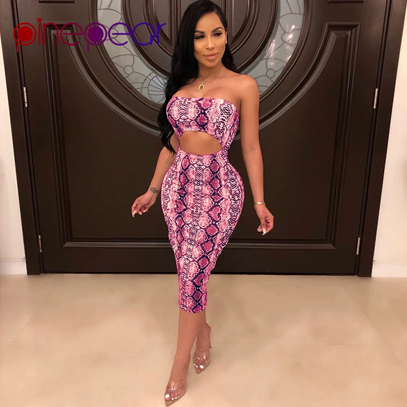

PinePear 2019 New Women Rose Red Snake Skin Print Strapless Hollow Out Bodycon Dress Night Club Party Pencil Dress Drop Shipping