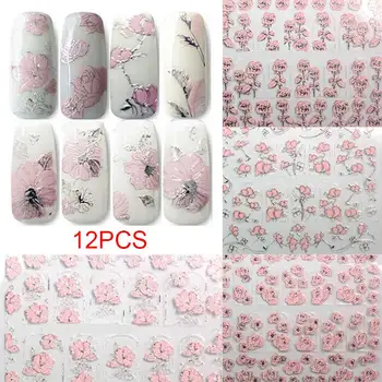 

12 Sheet/Set 3D Nail Sticker Flowers Patterned Art Decals DIY Manicure Nails Decal Stickers Decoration Nail Art Manicure Decor