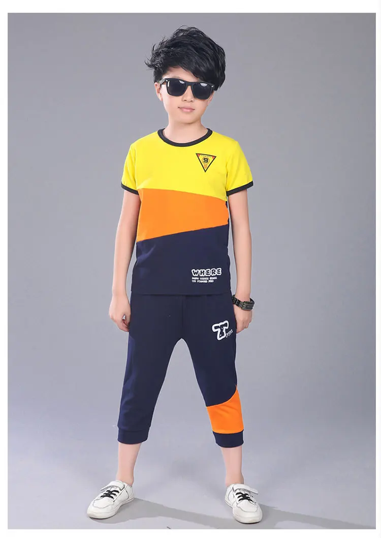 Active Teen Boys Clothing Sets Summer Cotton Child Tracksuit 2 Pcs Casual Letter Patchwork Tshirt Pants Kids Clothes Sports Suit (5)