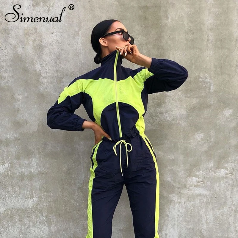 

Simenual Casual Neon Color Patchwork Jumpsuits Women Zipper Long Sleeve Rompers Drawstring Fashion Slim Autumn 2019 Jumpsuit