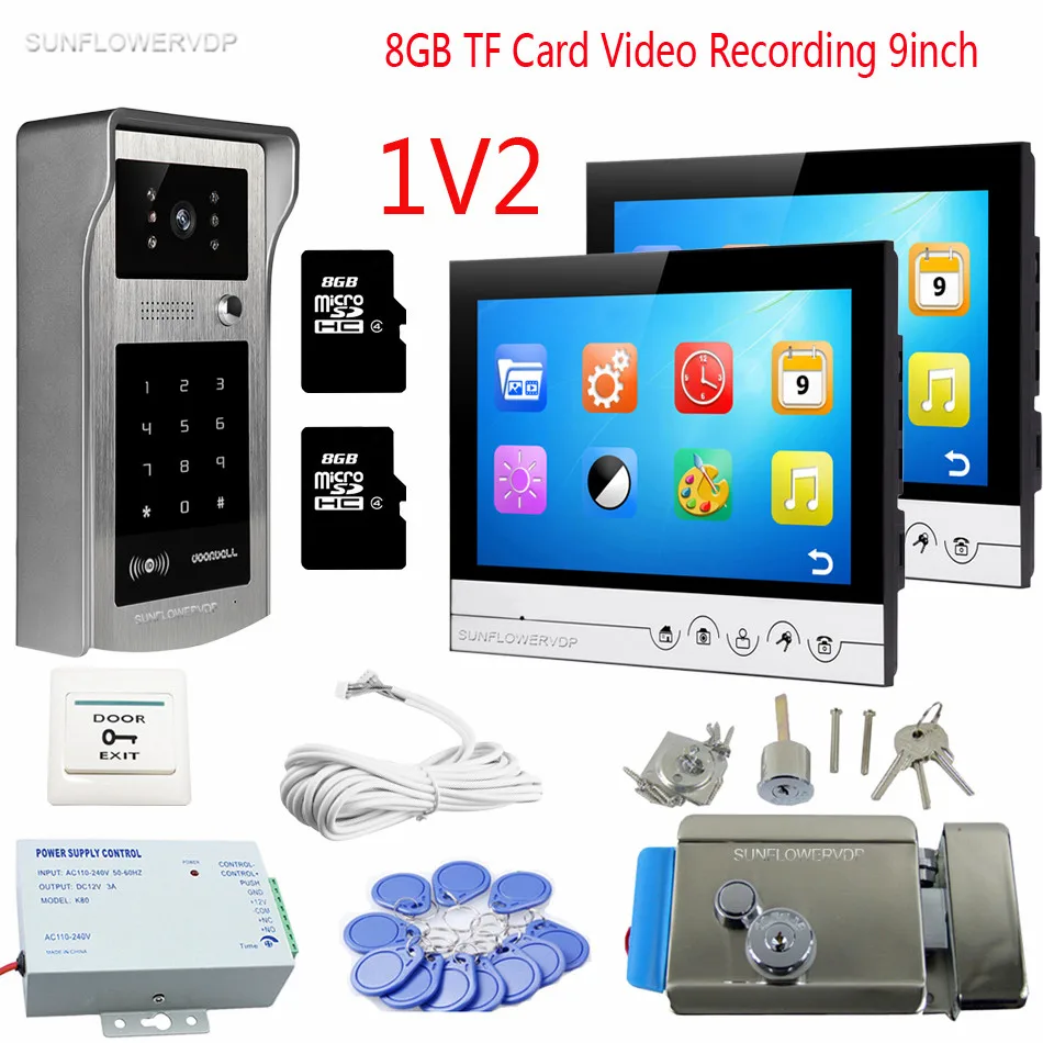 Rfid Code Keypad Video Intercom For Home 9inch Color 8GB TF Recording Doorphone Monitor Videophone For 2 Apartments With Lock