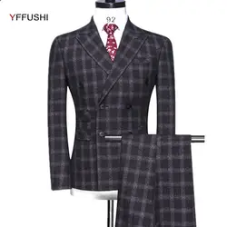 Yffushi 2018 Новое поступление мужской костюм шерстяной двубортный Костюмы комплект из 3 предметов черный в клетку Нарядные Костюмы для свадьбы