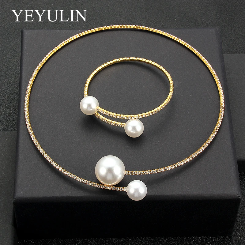 2PCS/Set European Simulated Pearl Chokers Necklace Bangle Adjustable Jewelry Set For Women Bridal Wedding Party Accessories