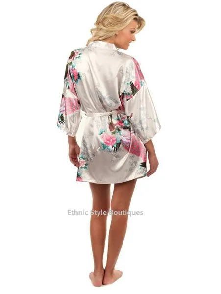 Сексуальное Белое женское шелковое мини-платье с принтом, кимоно юката, ночное платье с цветами и павлином, Размеры S M L XL XXL XXXL A108