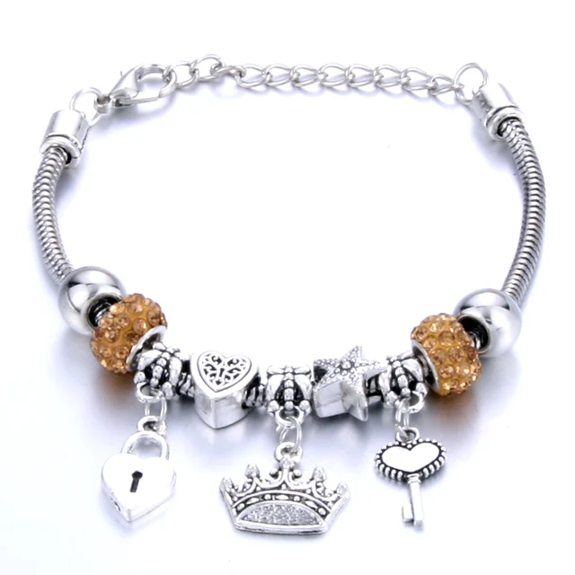 Antique Original Crown key lock Shape 6 colors Charm Bracelets For Women Glass Beads Brand Bracelet & Bangle DIY Jewelry Gifts 0001YW