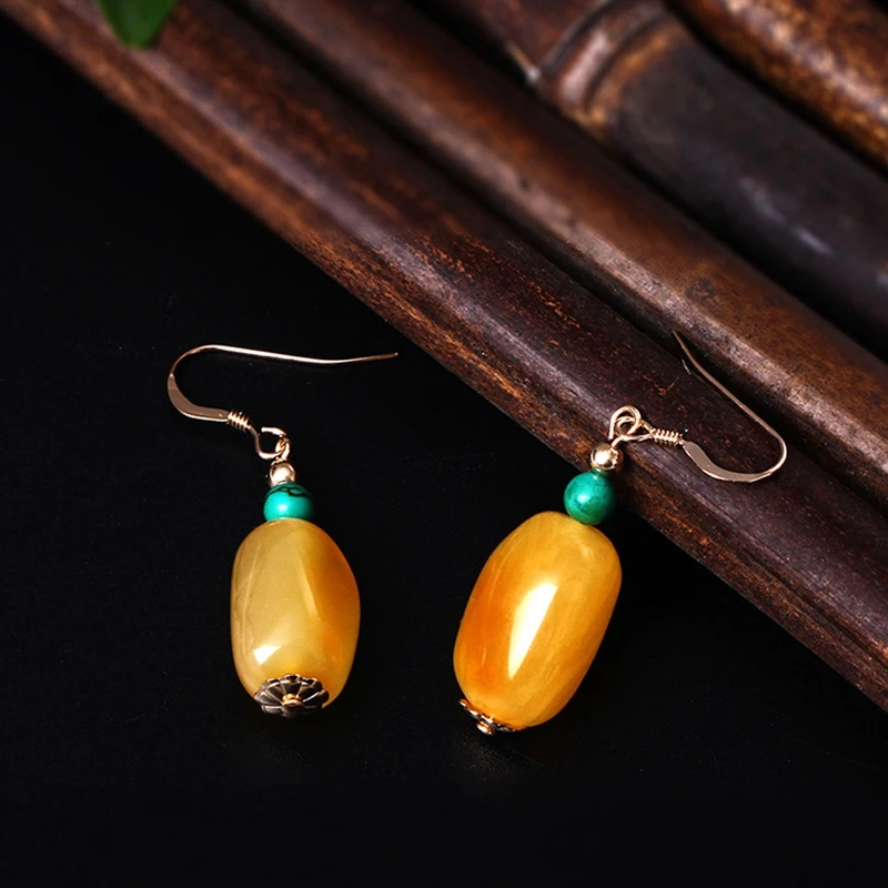 

LouLeur 100% 14K gold Beeswax earrings handmade DIY natural turquoise Beeswax drop earrings for women 2018 fashion fine jewelry