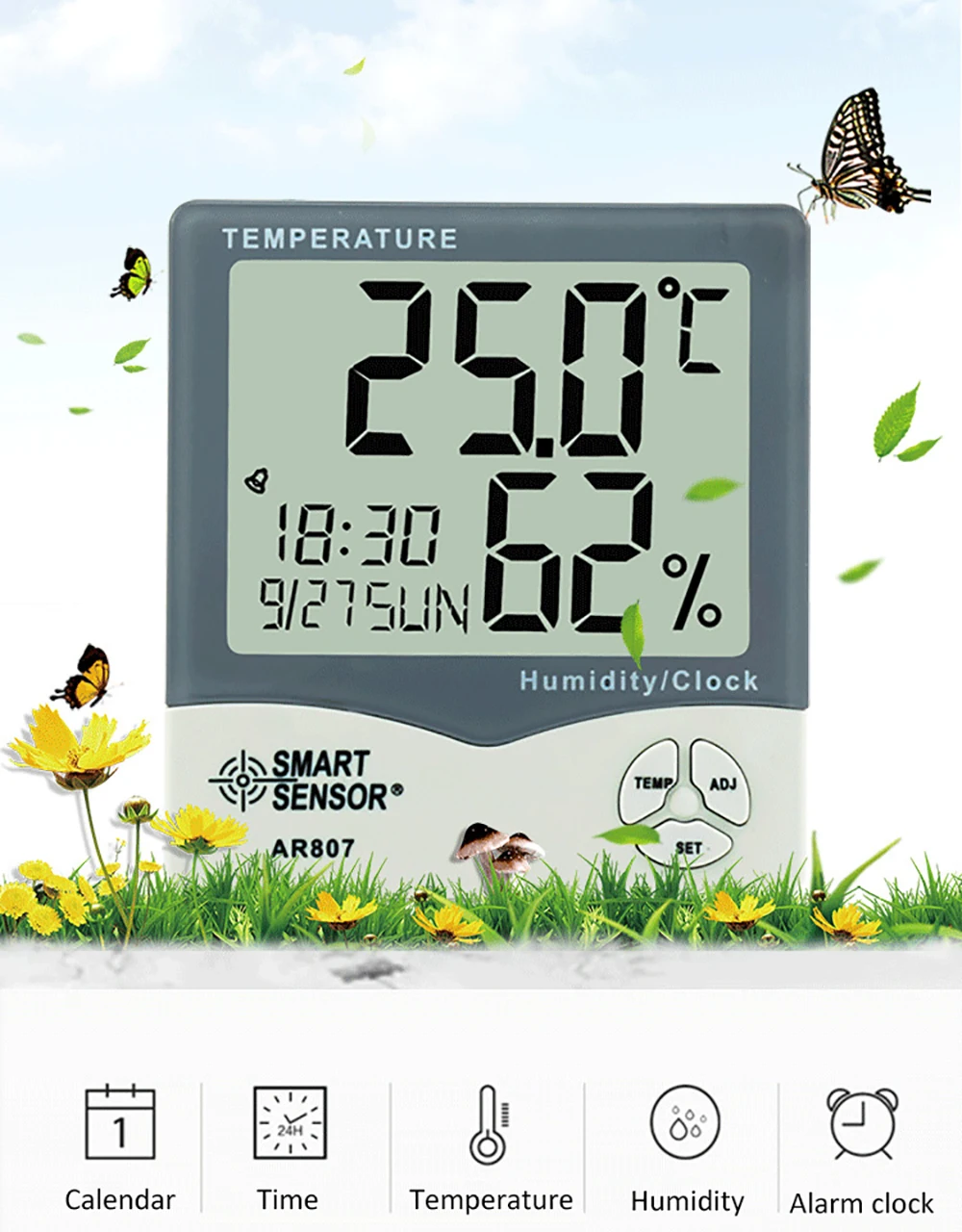 

Smart Sensor AR807 Digital Hygrometer Thermometer Humidity Temperature Meter Tester Weather Station with Calendar & Clock Alarm
