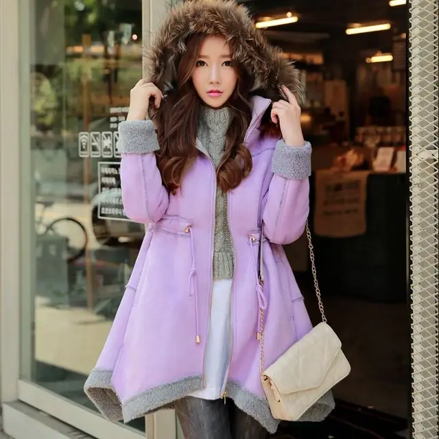 Cheap DABUWAWA 2016 Brand Winter Jacket Women Slim Elegant Real Fur Hooded Long Irregular Skirt Suede Parka Women Purple Wholesale