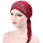 Red Шапки для девочек женские мусульманские рюшами Рак химиотерапия шляпа бини шарф Тюрбан головной убор Кепка с кристаллами женские шапки - Цвет: Red