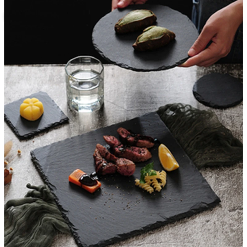 

Western Food Natural Slate Plate Dish Square Stone Sushi Steak Barbecue Dish Cheese Pizza Fruit Cold Dish Food Tea Black Tray