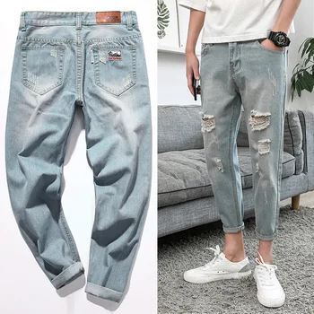 

High quality 2020 Summer light blue Distressed Ripped hole jeans men pants beggar denim Badge Casual teenager Ankle length pants