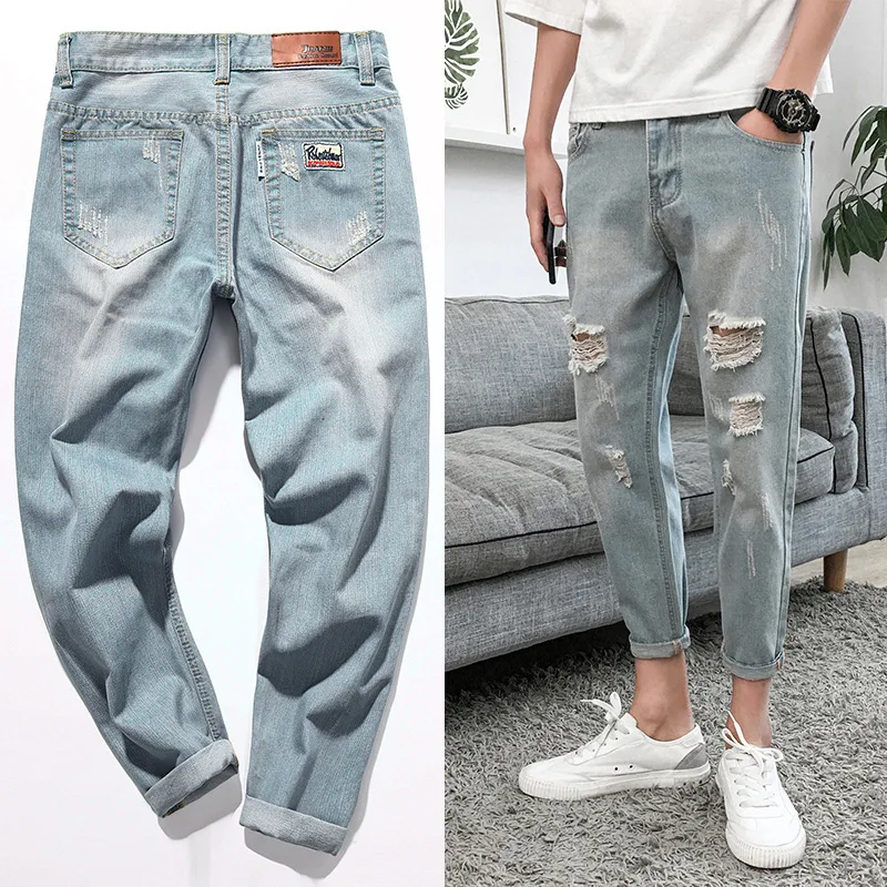 High Quality 21 Summer Light Blue Distressed Ripped Hole Jeans Men Pants Beggar Denim Badge Casual Teenager Ankle Length Pants Skinny Pants Aliexpress High Quality 21 Summer Light Blue Distressed Ripped Hole Jeans Men Pants Beggar Denim Badge Casual Teenager Ankle Length Pants Skinny Pants Aliexpress
