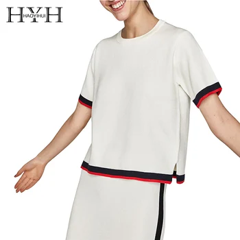 

HYH HAOYIHUI Women 2018 New Arrival Color Block Short Sleeve Knitted Tops T Shirt Loose O Neck Split Side Female Sweater Tees