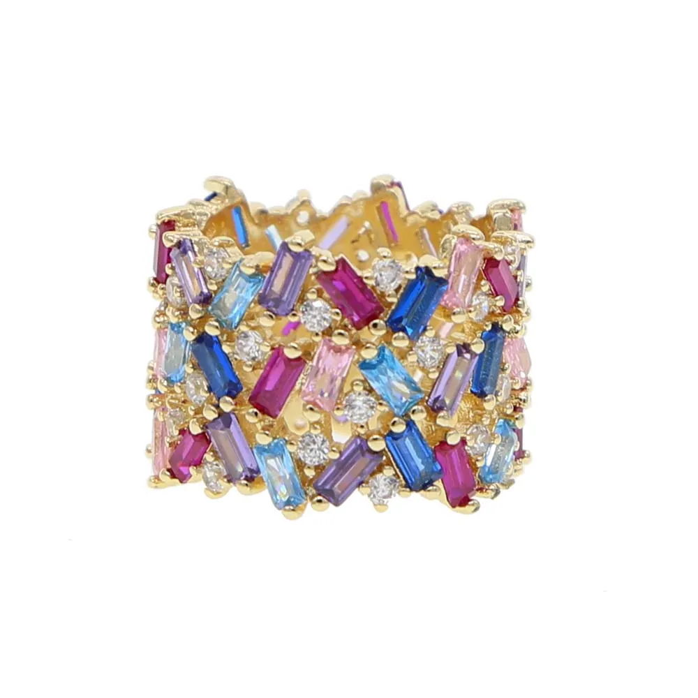 Золотой цвет стек Штабелируемый багет Радуга CZ Мода потрясающий Высокое качество Вечность Группа engagment палец кольцо для женщин Подарки