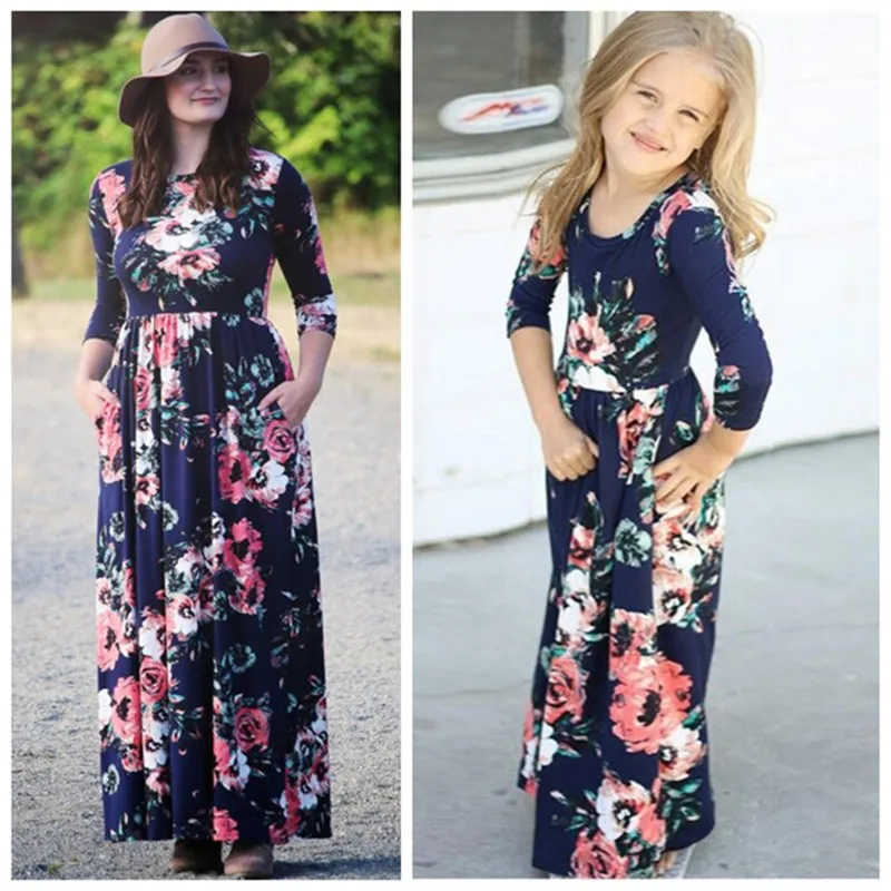 

2019 Mother Daughter Dresses Autumn Floral Print Long Dress Boho Three Quarter Sleeve Maxi Dress Casual Loose Sundress Vestido