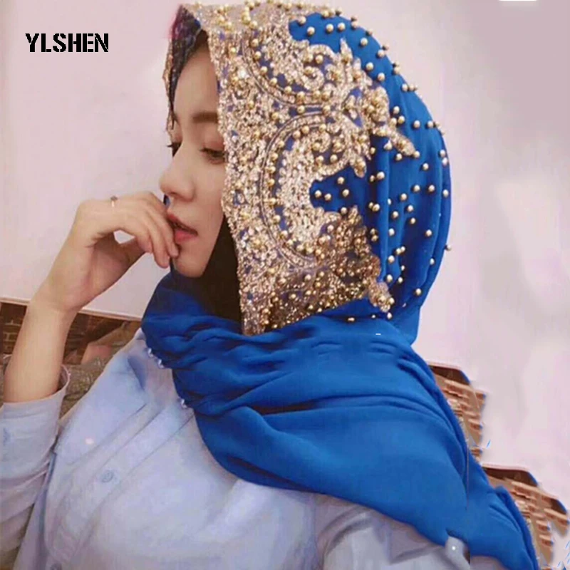 

Hijabs Muslim Turban Velo Islamico Scarf for Woman Chiffon Long Underscarf Moslima Solid Color with Beading Prayer Turbante