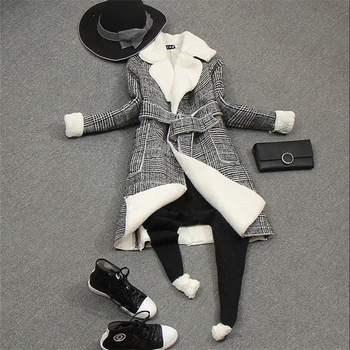 

2018 Fashion New High quality Female Models Winter Long Paragraph Woolen Plus Velvet Coat Woolen Plaid Popular Feet Pants Suit
