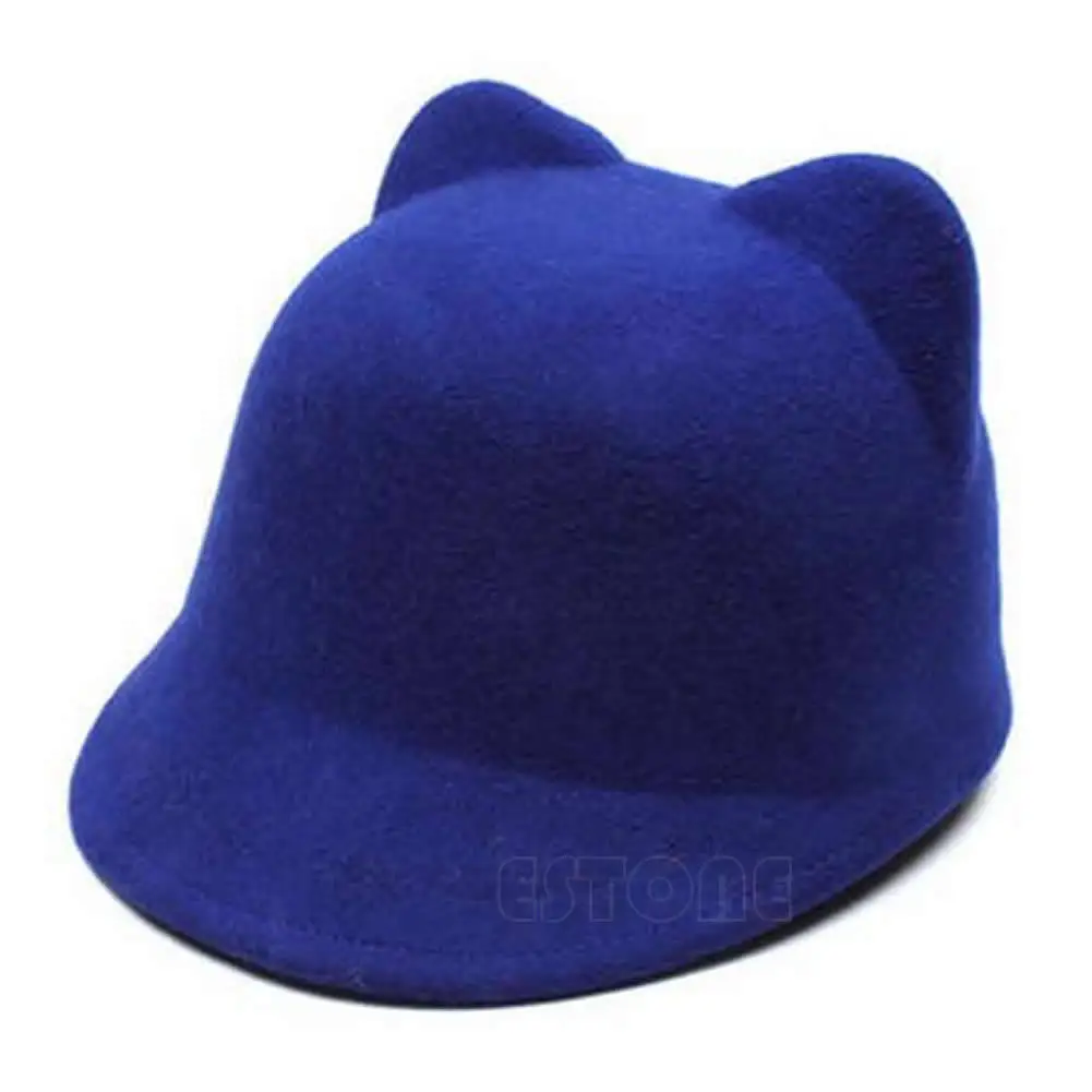 Новая зимняя Женская шерстяная шляпа-котелок, шапка дьявола с милыми кошачьими ушками котелок - Цвет: Синий