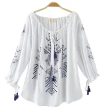 Летние женские рубашки с длинным рукавом на завязках льняные рубашки с вышивкой Женские повседневные хлопковые рубашки топы