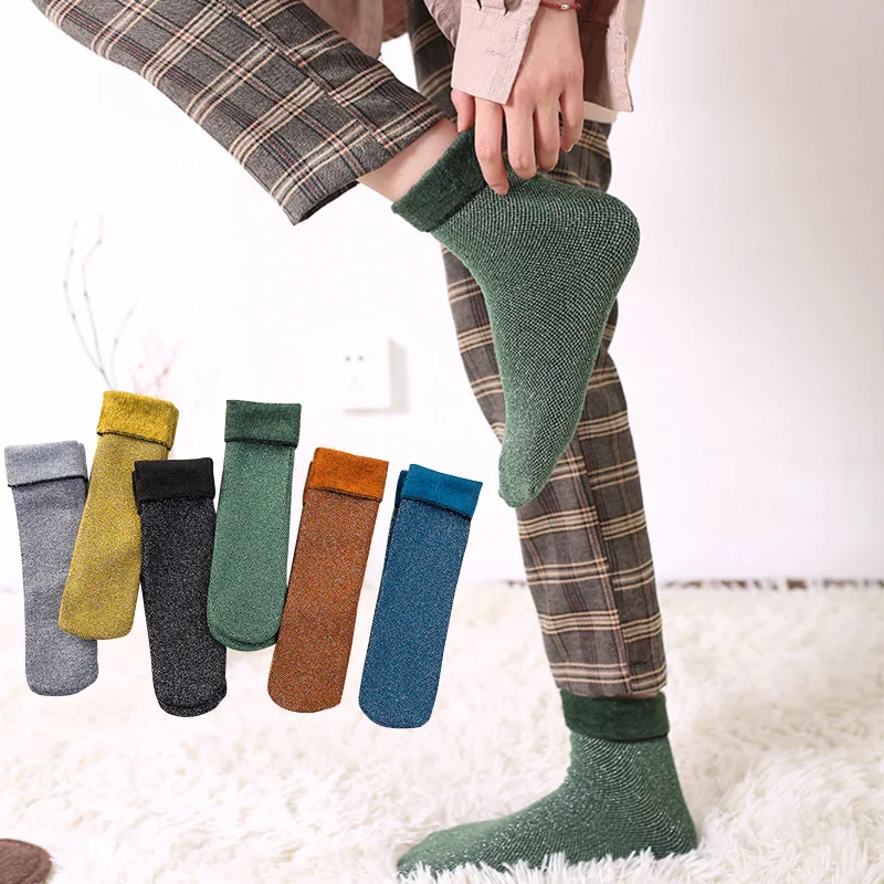 

2019 Women's Snow Socks Wool Velvet Winter Silver Thick Long Warm Terry Tube Ladies Cotton Socks Solid color Flanging mouth