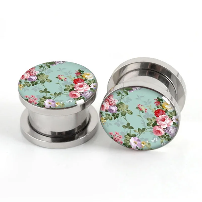 Pair Of Stainless steel Floral plugs screw fit ear plug gauges flesh tunnel ear expander SSP014