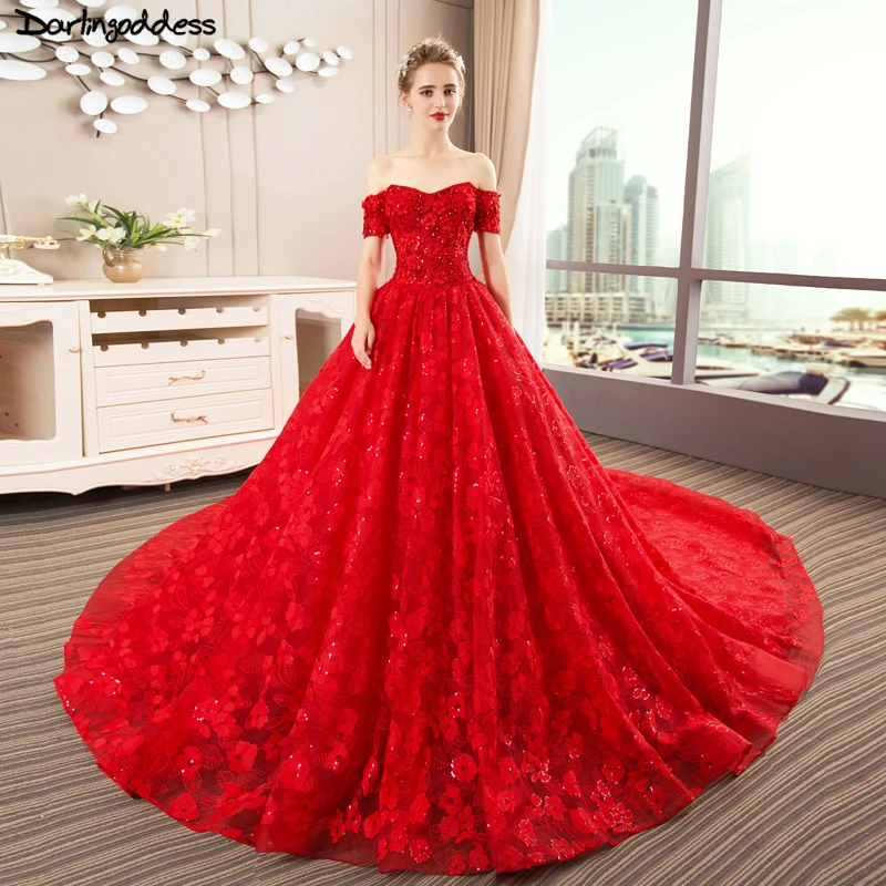 Vestido De Novia, новые элегантные свадебные платья, бальное платье с открытыми плечами, Красные Свадебные платья с рукавами, Robe De Mariage
