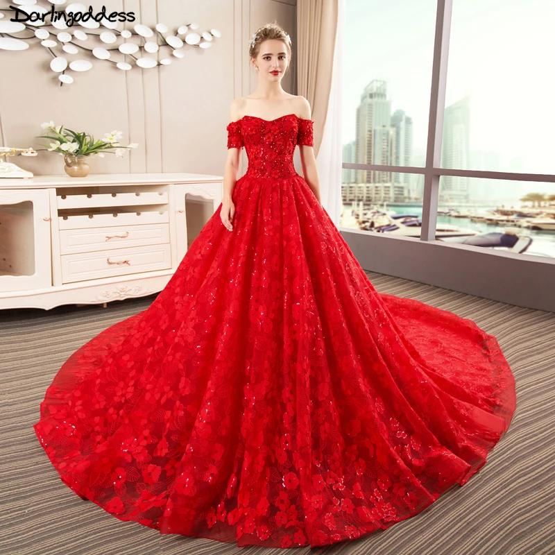 

Vestido De Novia New Elegant Wedding Dresses 2019 Ball Gown Off Shoulder Red Wedding Gowns With Sleeves Robe De Mariage