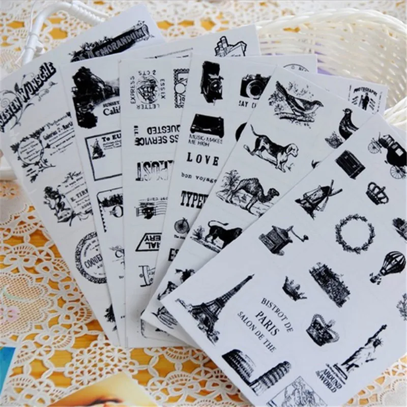 6pcs Korean stationery Vintage Stamp Pattern Tower Hot Air Balloon diary decoration Table Napkins American transparent stickers | Игрушки и