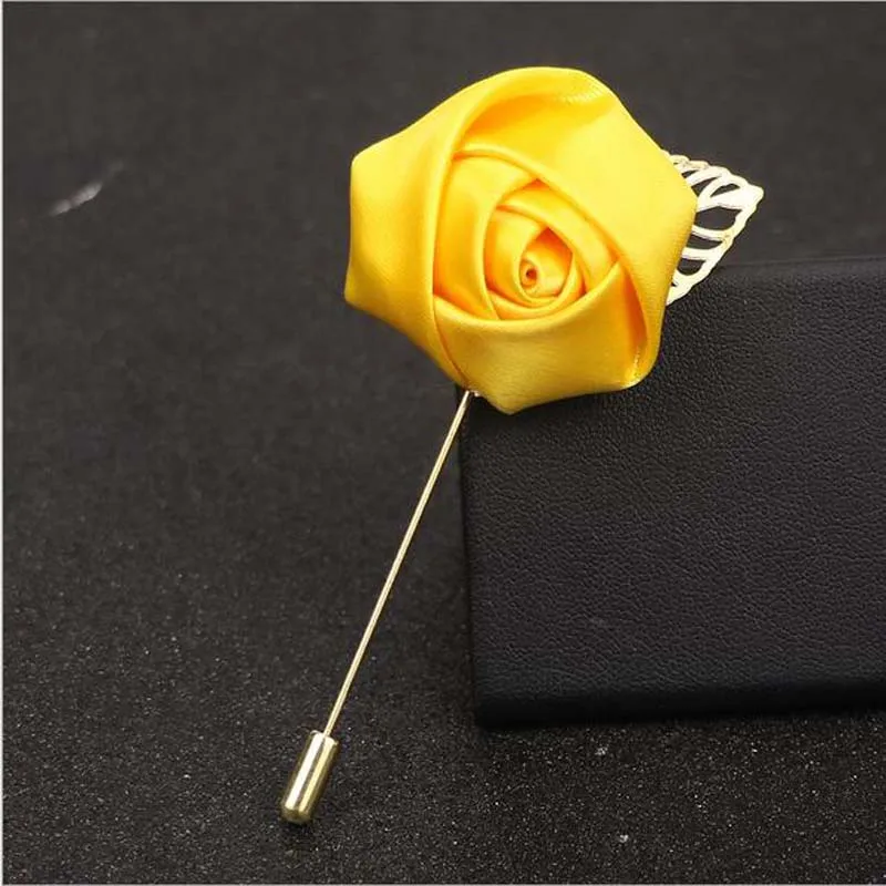 

10Pcs/Lot Best Man Groom Boutonniere Yellow Silk Satin Rose Flower men buttonhole Wedding Party Prom Man Suit Corsage Pin Brooch