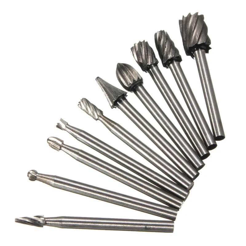 

New 10pcs Burr Woodworking Drill Bit Set Rotary Files High Speed Steel Carving Rasps For Dremel 1/8 Inch Shank Wood Carving Tool