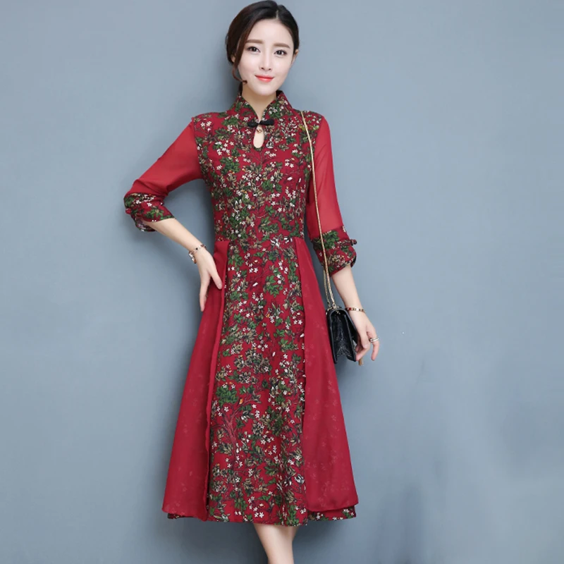 Традиционное китайское платье с принтом cheongsam хлопковое вечернее платье женское кружевное платье Ципао китайское платье - Цвет: color1
